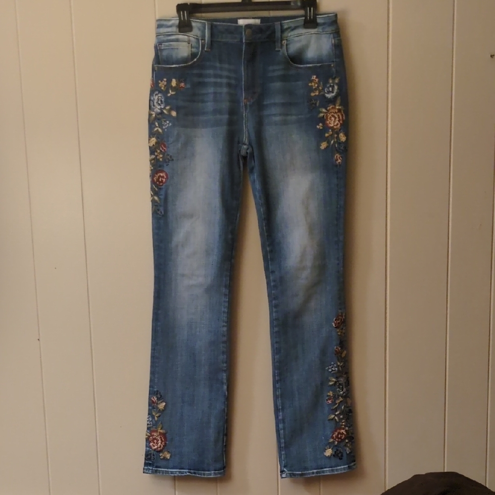 DRIFTWOOD Medium Blue Floral Embroidered Bootcut Jeans